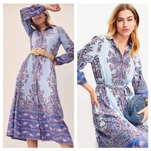 LOFT Blue and Purple Paisley Long Sleeve Dress Size Large